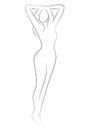 Female figure. Outline of young girl. Stylized slender body. Linear Art. Black and white vector illustration. Contour of