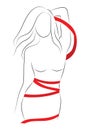 Female figure. Outline of young girl. Stylized slender body. Linear Art. Black and white vector illustration. Contour of