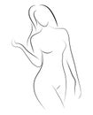 Female figure. Outline of young girl. Stylized slender body. Linear Art. Black and white vector illustration. Contour of Royalty Free Stock Photo