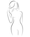 Female figure. Outline of young girl. Stylized slender body. Linear Art. Black and white vector illustration. Contour of Royalty Free Stock Photo