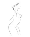 Female figure. Outline of young girl. Stylized slender body. Linear Art. Black and white vector illustration. Contour of Royalty Free Stock Photo