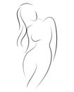 Female figure. Outline of young girl. Stylized slender body. Linear Art. Black and white vector illustration. Contour of
