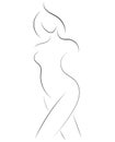 Female figure. Outline of young girl. Stylized slender body. Linear Art. Black and white vector illustration. Contour of Royalty Free Stock Photo