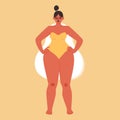 A female figure of the pear type. Cartoon chubby girl in a yellow strapless swimsuit. Vector stock illustration of a