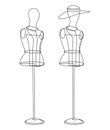 Female figure of a tailor`s mannequin on a round stand. Woman in a hat. Continuous line drawing. Vector illustration Royalty Free Stock Photo