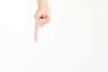 Female finger point isolated white background. woman girl hand. Mock up. Copy space. Template. Blank Royalty Free Stock Photo