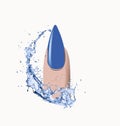 female finger with pointed nail with blue enamel-