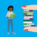 Female fingers holding pile of books. Happy african american schoolgirl reading textbook. Education, learning background. Cartoon Royalty Free Stock Photo