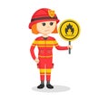 Female firefighter standing with fire sign