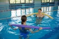 Female fitness class of aqua aerobics at indoors swimming pool Royalty Free Stock Photo