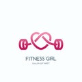 Female fitness gym. Vector logo, icon or emblem with pink barbell heart shape. Design for woman sports club, workout