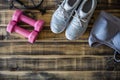 Female fitness and healthy active lifestyle workout background concept.  Training shoes, pink dumbbell, sport bra, and headphones Royalty Free Stock Photo