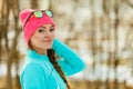 Female fitness sport model outdoor in cold winter weather Royalty Free Stock Photo