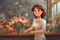 Female florist in apron smiling and standing in a shop, drawing of floral store with woman owner