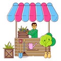 Female florist arranging flowers at market stall, smiling woman working with plants, gardening shop setup. Floristry