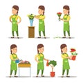 Female Florist Cartoon Set. Woman Gardening Flowers