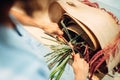 Female florist ties a bouquet of flowers in shop Royalty Free Stock Photo