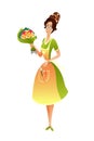 Female flower seller offer bouquet cutout vector