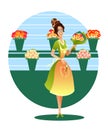 Female flower seller offer bouquet cutout vector