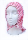 Female foam mannequin head model cover with tea towel on white background Royalty Free Stock Photo