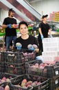 Female worker demonstrating ripe mango Royalty Free Stock Photo