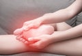 Female foot heel pain with red spot, Sesamoiditis syndrome Royalty Free Stock Photo