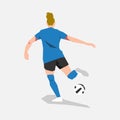 female football player athlete kick the ball. back view. vector flat illustration.
