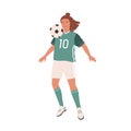 Female football player hitting ball with chest. Young woman playing soccer in green sports uniform, boots and stockings