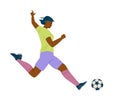 Female football player runs and kicks the ball, flat vector illustration isolated on white background. Royalty Free Stock Photo