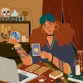 Female fortune teller using tarot cards to predict future online. Online spiritual seance and divination concept vector Royalty Free Stock Photo