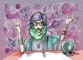 Female Fortuneteller with crystal ball and magic symbols all around her