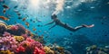 Female free diver exploring vibrant coral reef. underwater adventure in tropical sea. serene aquatic scene with sunbeams