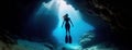 A female free diver with fins is silhouetted against the sunlight filtering through an underwater cave. Royalty Free Stock Photo