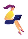 Female freelance designer working on laptop vector illustration.