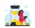 Female freelancer character working on a laptop sitting on a pile of gold coins near a huge hourglass. Freelancer Royalty Free Stock Photo