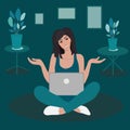Female freelancer sitting with laptop semi flat color vector character. Editable figure. Full body person on white