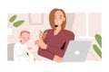 Mother freelancer working at home office, using laptop, holding a rattle toy, young woman trying to concentrate while Royalty Free Stock Photo