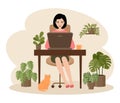 Female freelancer is working on a laptop. Distance job.Hugge