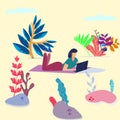 Female freelancer working on laptop in Park in nature, vector illustration in style cartoon funny flat