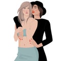 Female friend hug. Women embracing each other, expressing love, affection, support. Vector illustration for friendship