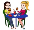 Female friends eating fast food meal in restaurant. Two people sitting, talking and having lunch burgers, fries and drinking soda Royalty Free Stock Photo