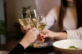 Female friends - hands clinking white wine glasses, restaurant or bar on background, close up view. evening, celebration