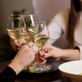 Female friends - hands clinking white wine glasses, restaurant or bar on background, close up view. evening, celebration