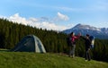 Female friends hiking together in the mountains Royalty Free Stock Photo