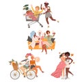 Female Friends Spending Time Together Karaoke Singing, Riding Bicycle and Gossiping Vector Set