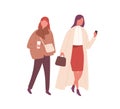 Female friends in stylish outwear walking together outdoors. Trendy young women hold phone and drink coffee. Flat vector