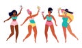 Female friends at a summer beach party. Funny girls in swimsuits drink a fruit cocktail. Summer holidays by the sea. Women of