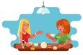 Female friendship cafe meeting cute characters talking conversation flat design vector illustration Royalty Free Stock Photo