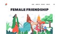 Female Friendship Landing Page Template. Women with Babies in Prams and Strollers, Girls Walking With Children, Mothers