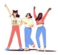 Female friendship. Women friends spend time together, dance, have fun, rejoice. Women in casual clothes of different